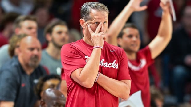 Razorbacks coach Eric Musselman on the sidelines at exhibition game against Purdue